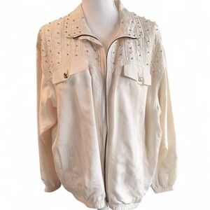 Vintage 100% Silk Beaded Ivory Bomber Jacket| satin bomber | 80s Glam Oversized
